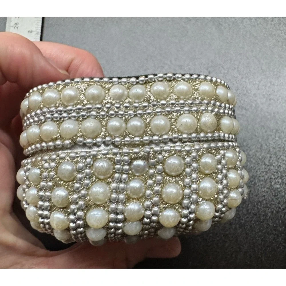 Pearl Beaded Heart Trinket Jewelry Box Faux Pearl Silver Tone Keepsake Box